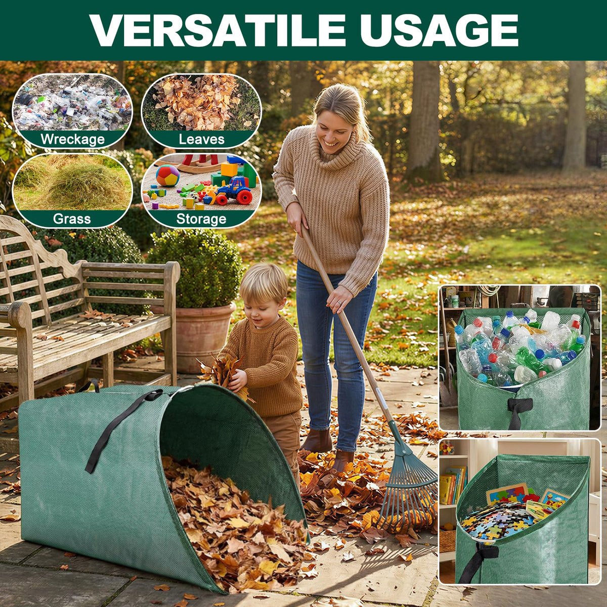 UQM leaf bag in use for outdoor lawn cleanup.