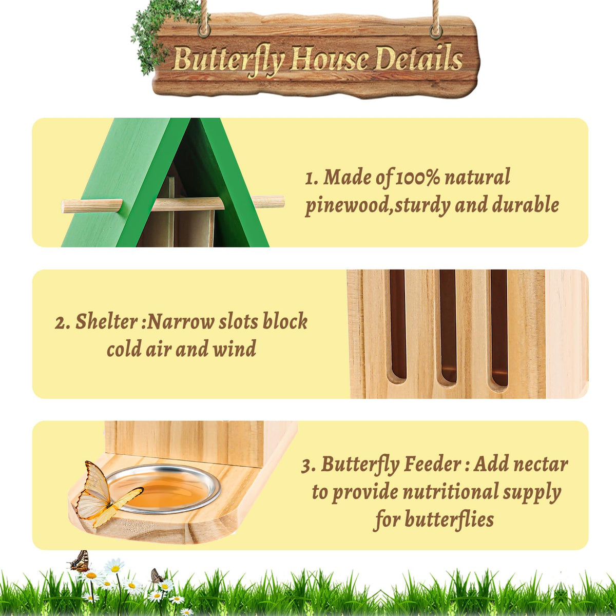 UQM natural pine butterfly habitat showing smooth wood and weather protection.
