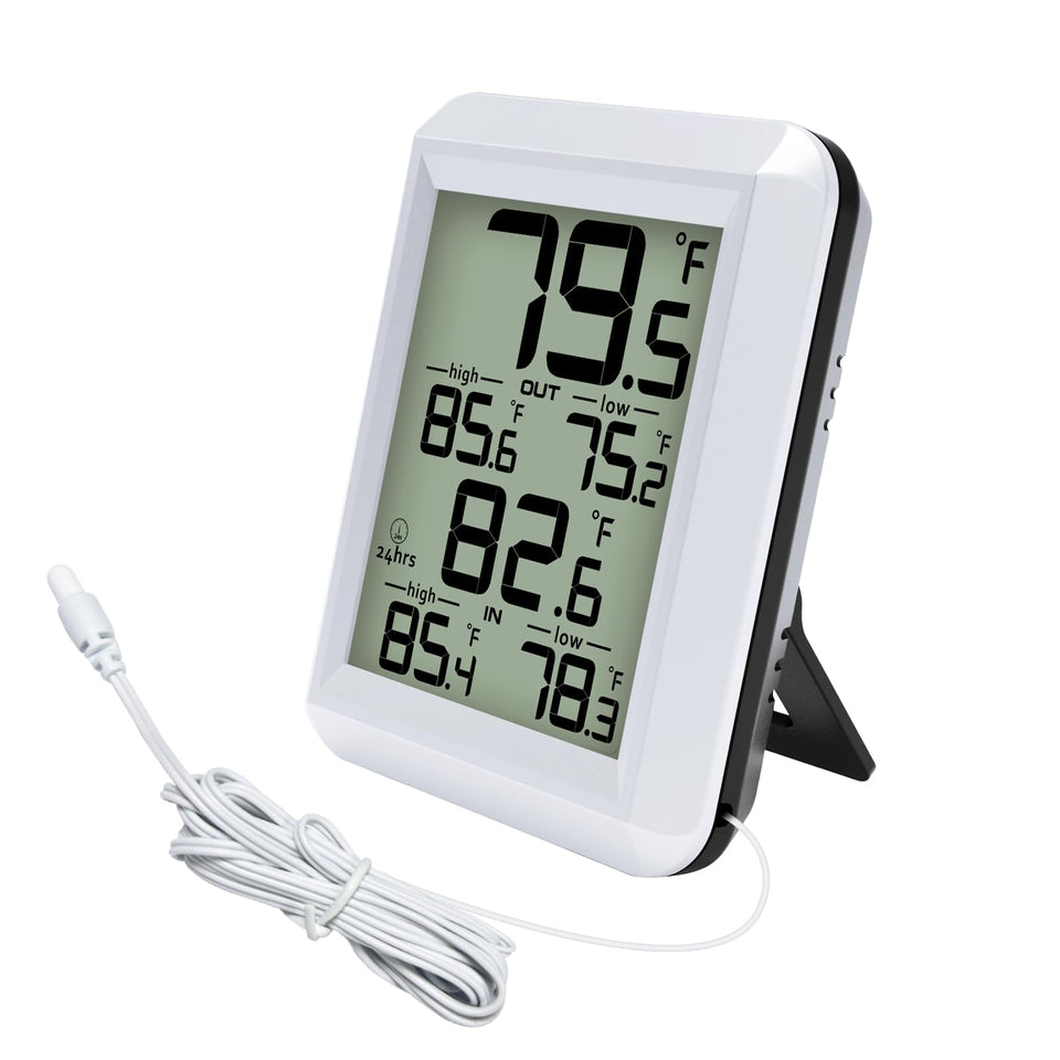 Urageuxy digital thermometer front display shows indoor and outdoor temperatures quickly