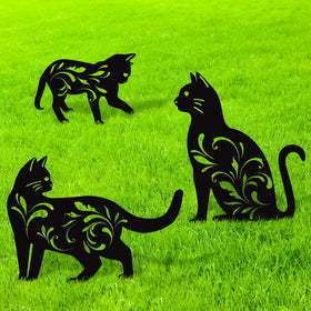 URATOT 3-pack metal cat garden statues with stakes for year-round yard decor