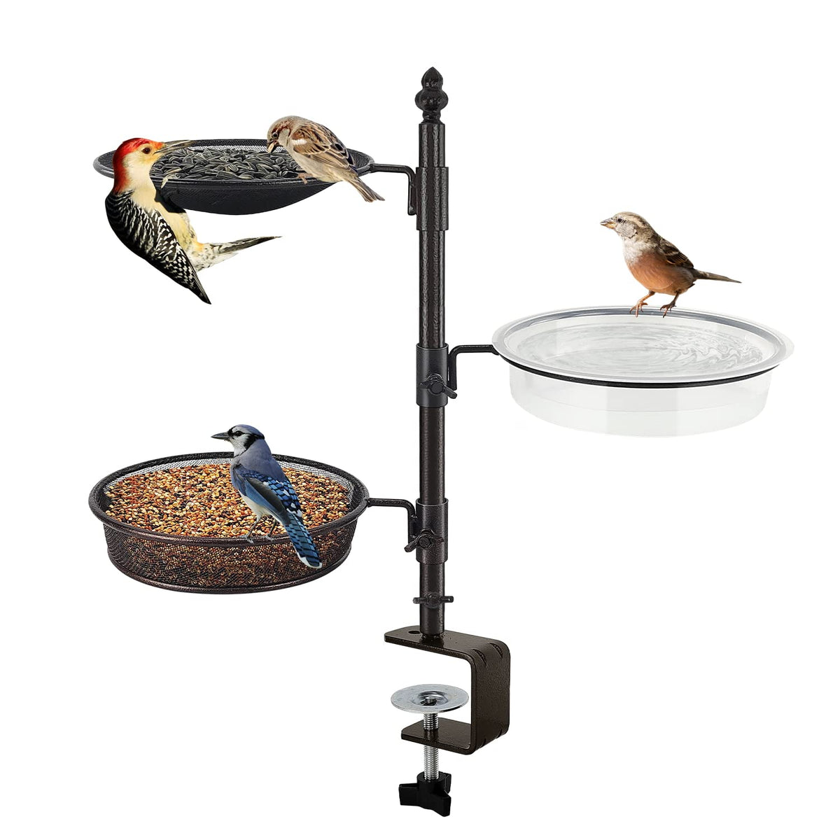 Urban Deco balcony rail bird feeder with three trays attracts wild birds