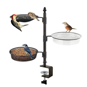 Urban Deco balcony rail bird feeder with three trays attracts wild birds
