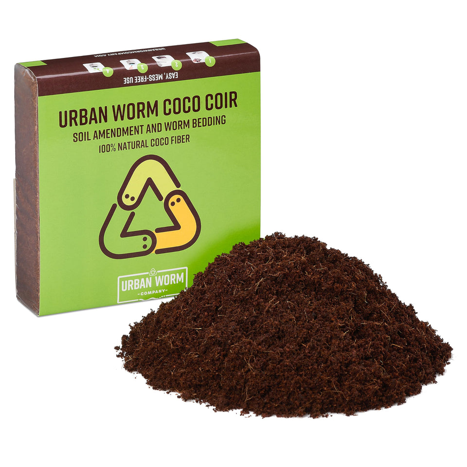 Urban Worm coco coir brick absorbing water for soil prep