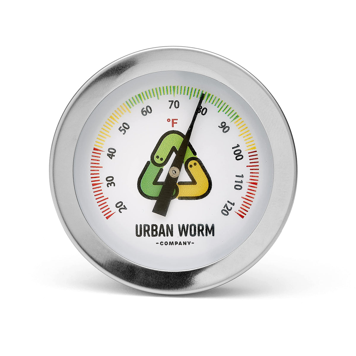 Urban Worm thermometer shows green-yellow-red ticks for easy soil temperature monitoring.