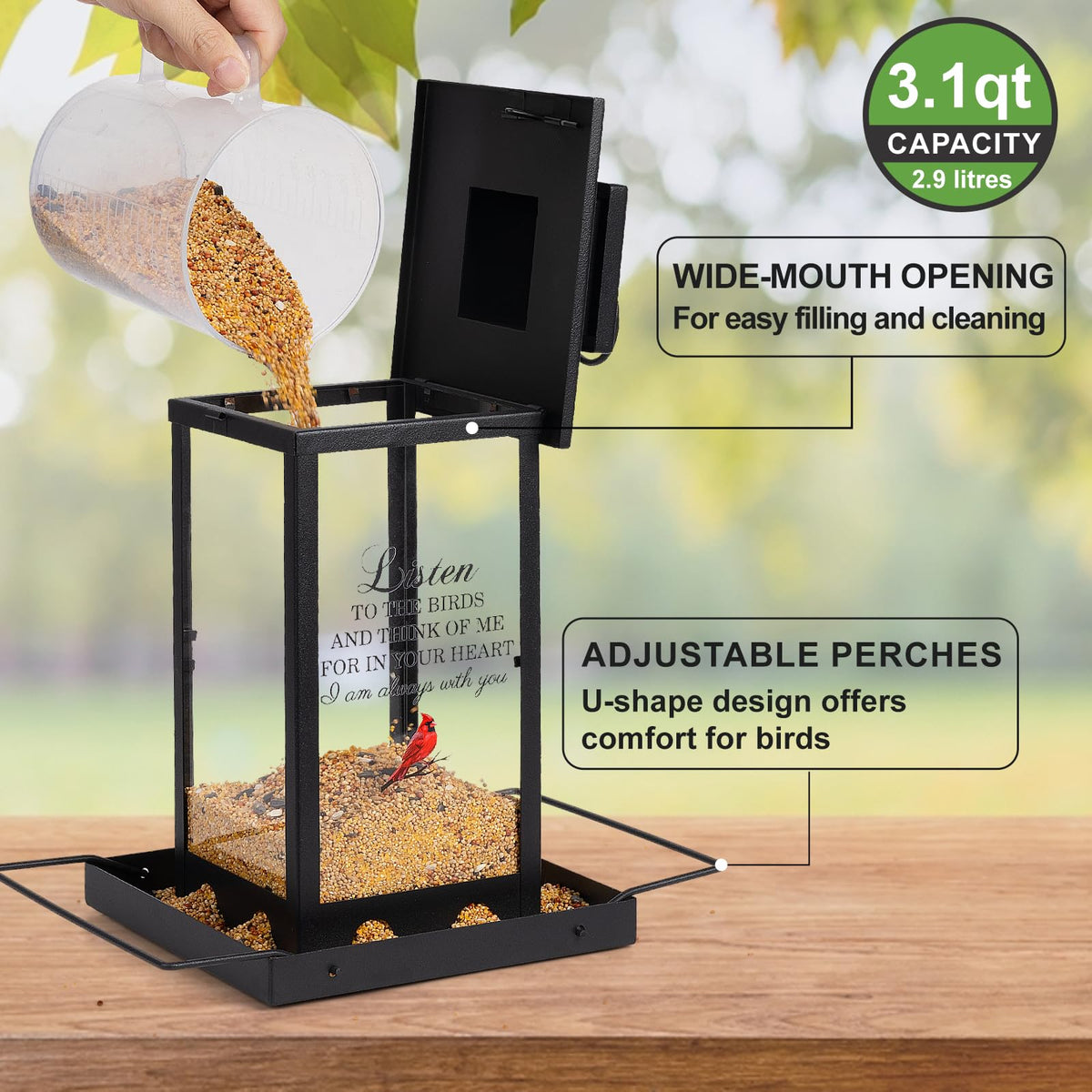 Urllinz memorial bird feeder offers 360-degree feeding, creating a tranquil scene in your garden.