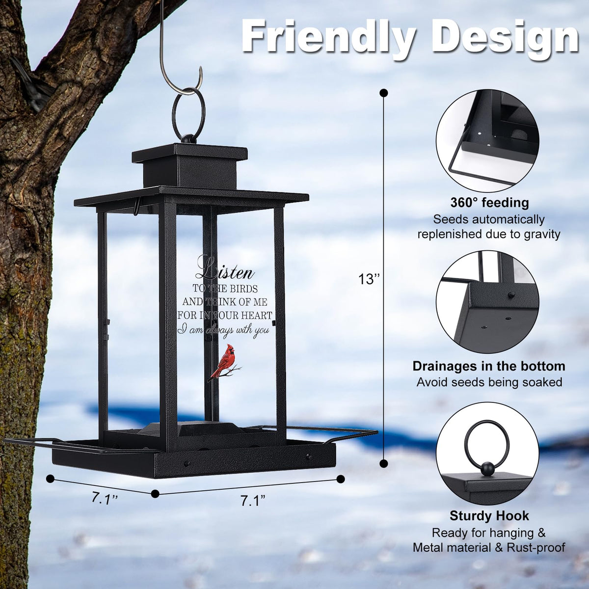 Urllinz memorial bird feeder measures 12.2 by 7.1 by 7.1 inches in size.