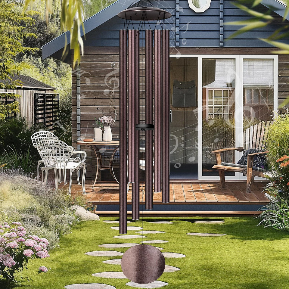 URNETERN 66-inch wind chimes outdoors provide a calming, deep tone for gardens and patios.