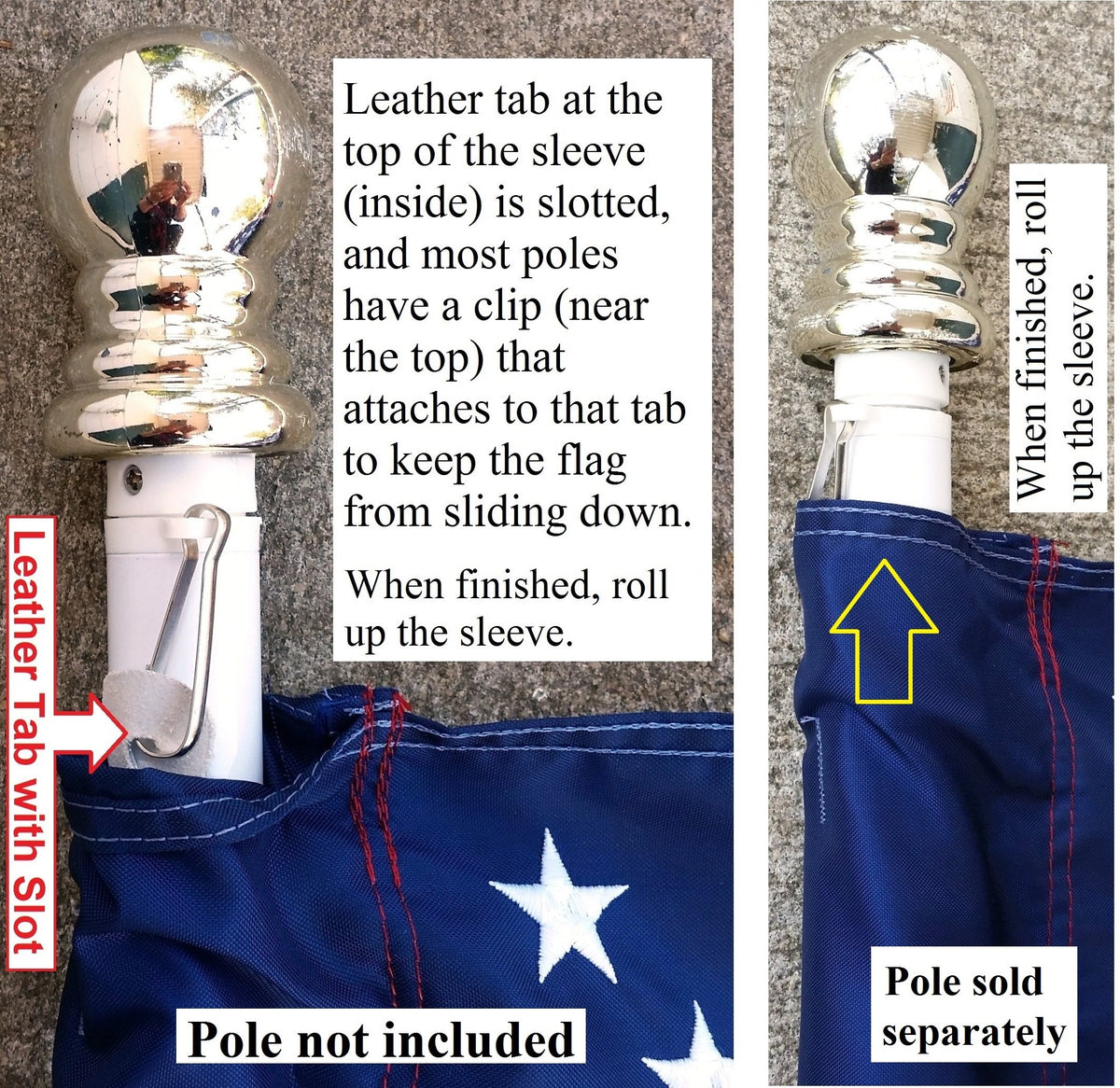 US Flag Factory four-row reinforced stitching on the fly hem.