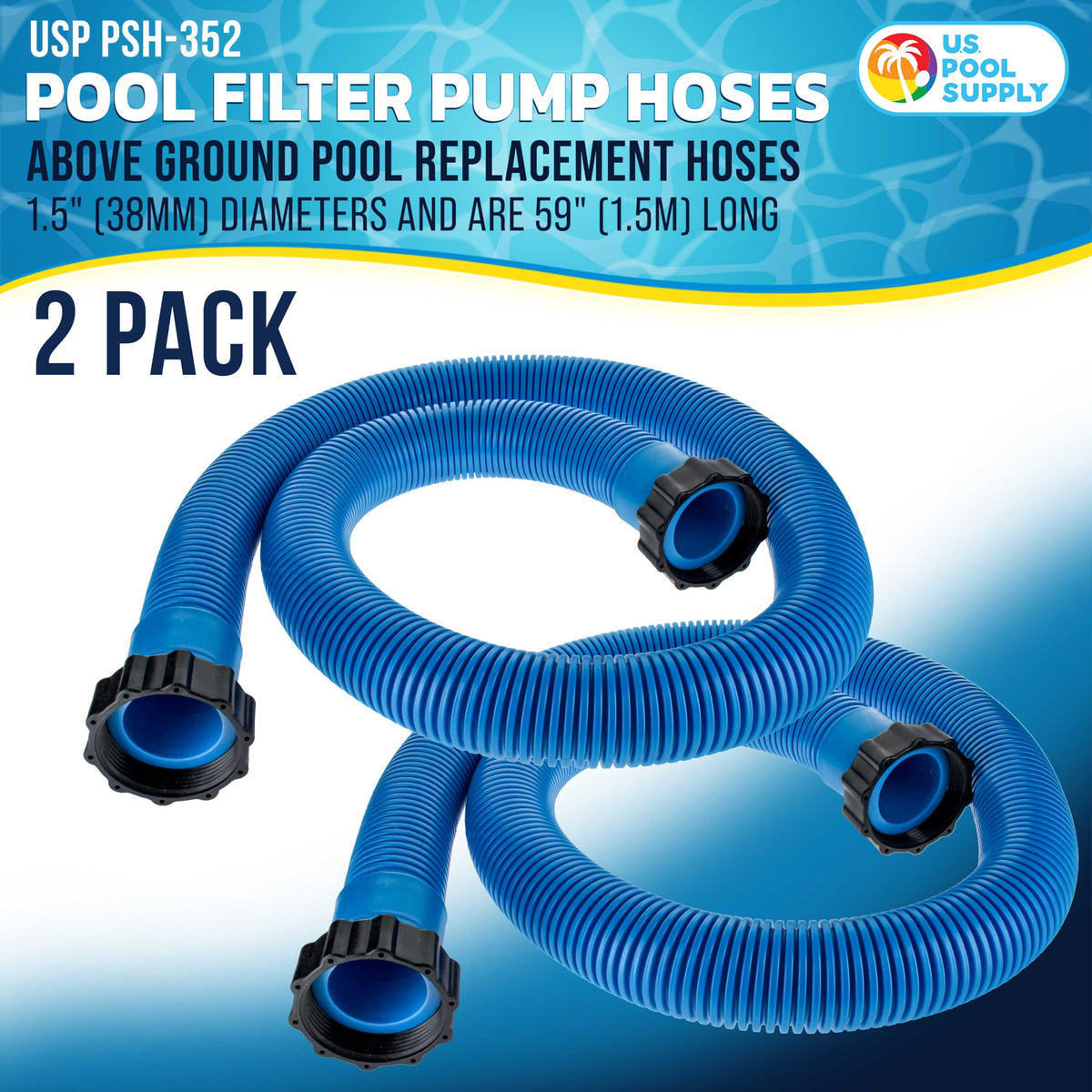 Blue 1.5-inch hose close-up showing 59-inch length for pools