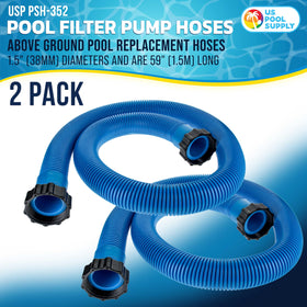 Blue 1.5-inch hose close-up showing 59-inch length for pools