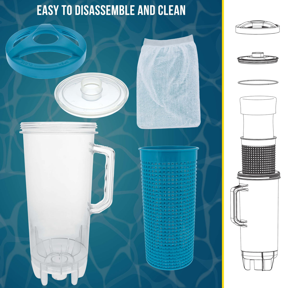 US Pool Supply 15-inch debris canister fits inline between hose sections.