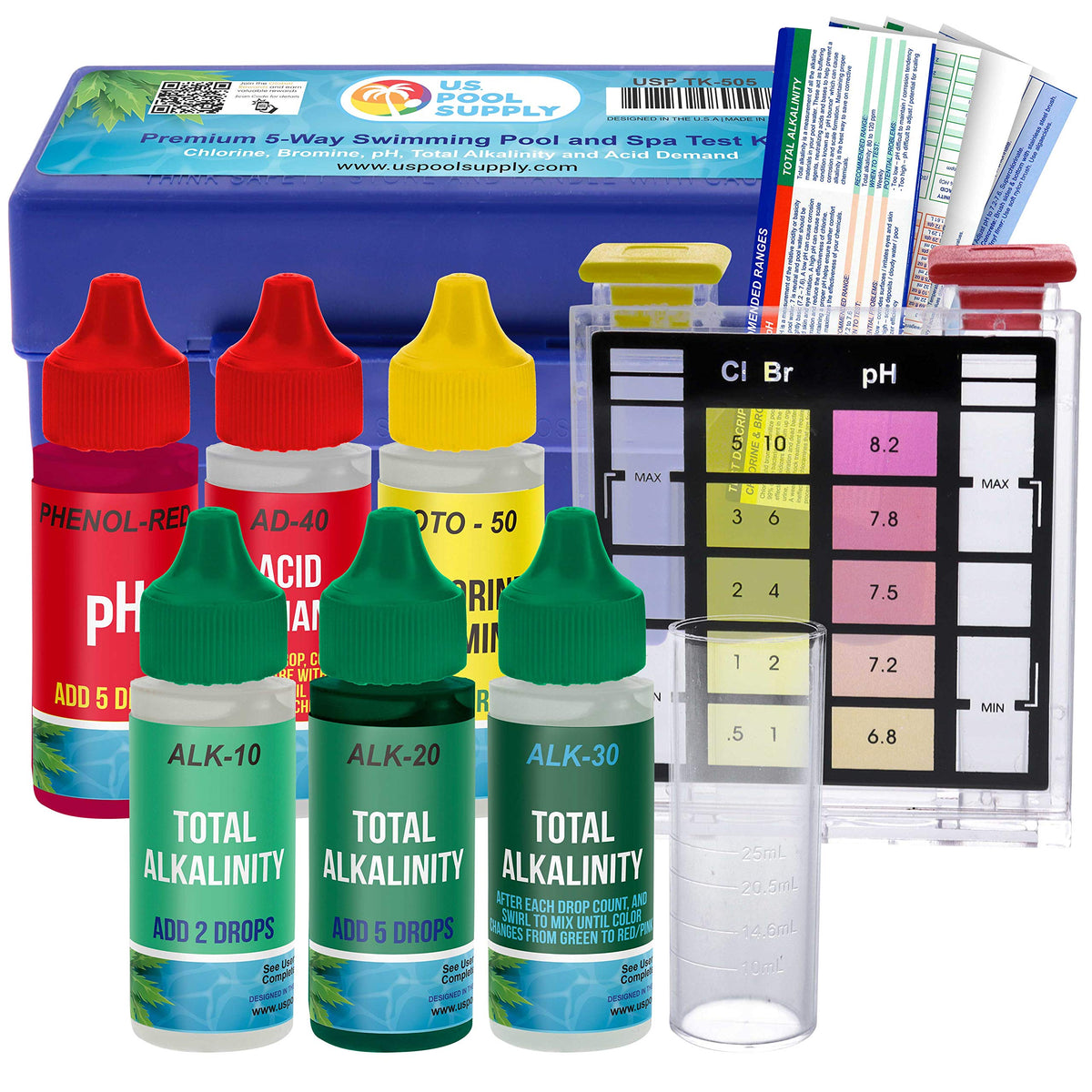 US Pool Supply 5-in-1 test kit case shows organized pool care tools.