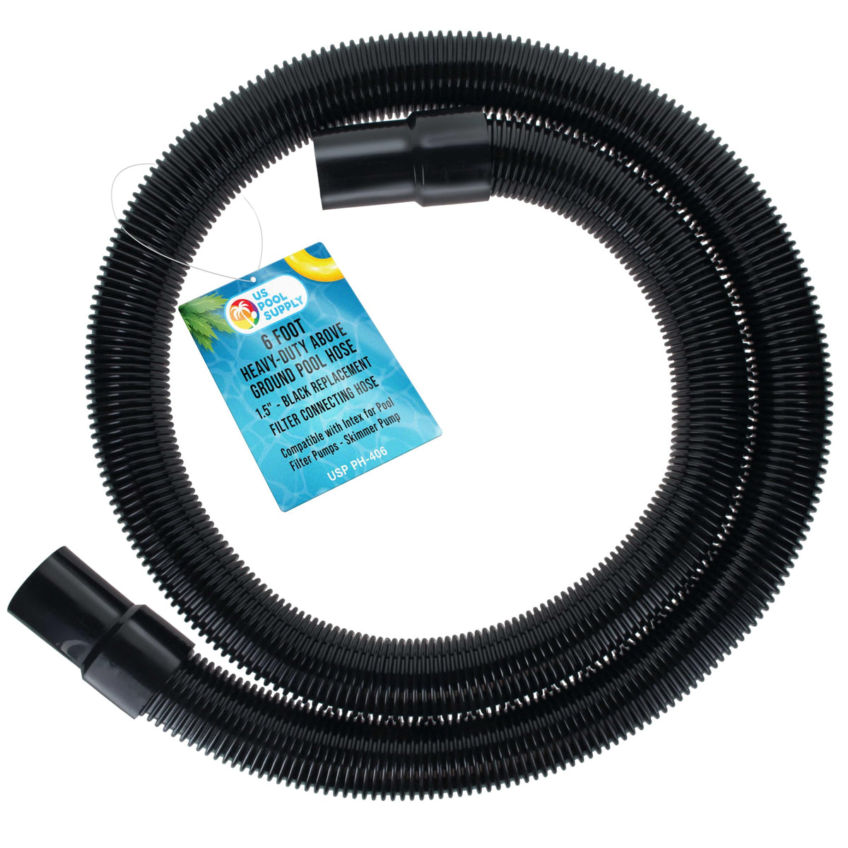 US Pool Supply 6-foot heavy-duty hose connects securely to skimmer for durable filtration.