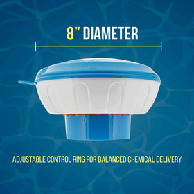 US Pool Supply 8-inch diameter dispenser designed for steady, even chemical release
