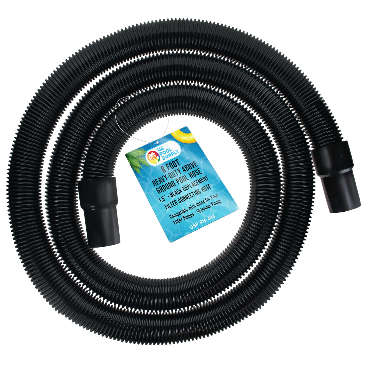 US Pool Supply 8 ft hose with durable 1.5-inch connections for reliable filtration.