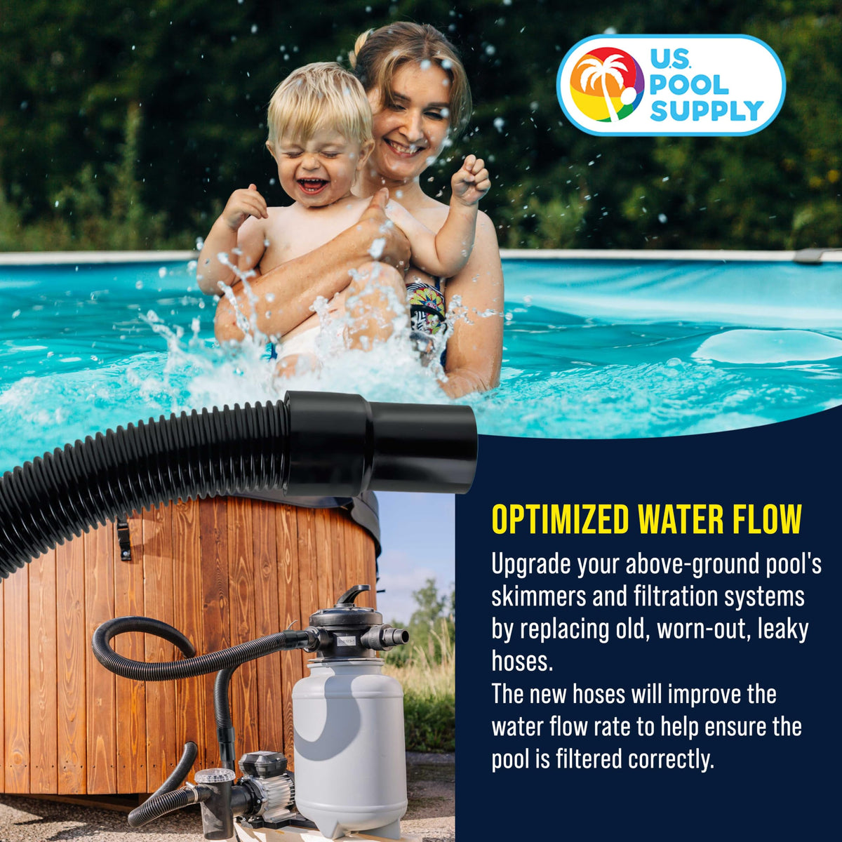 US Pool Supply 8 ft hose enhances water flow for efficient filtration.