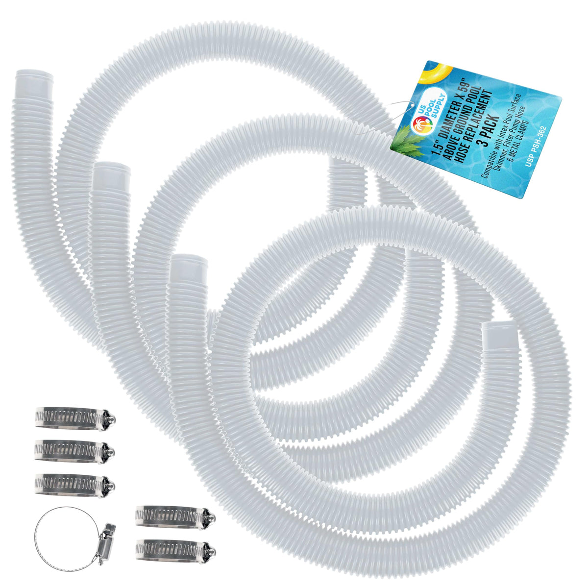 US Pool Supply white 1.5-inch by 59-inch hoses in a pack of three for above-ground pools