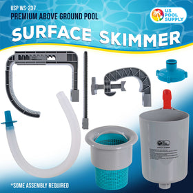 U.S. Pool Supply above-ground skimmer fits inflatable collars for quick setup.