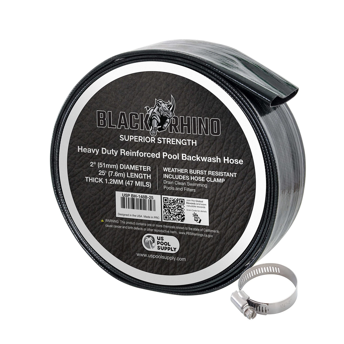 US Pool Supply backwash hose full view shows sturdy 2in, 25ft drainage option