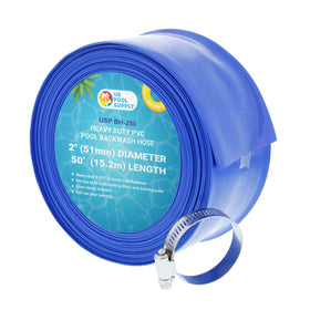 U.S. Pool Supply backwash hose with clamp in blue for filter maintenance.