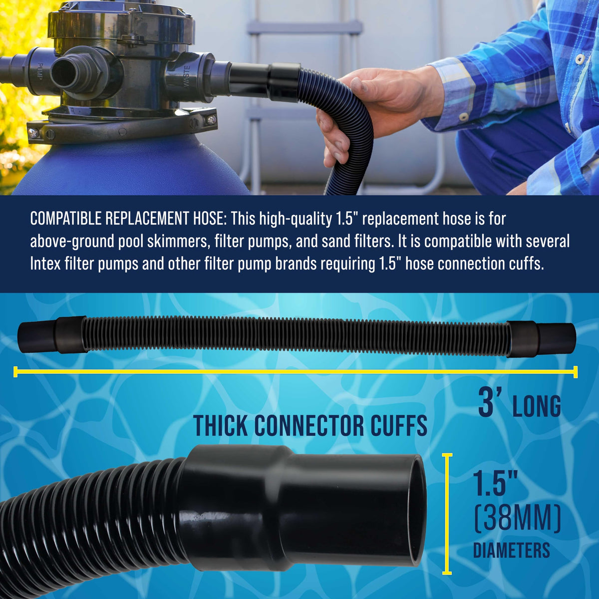 US Pool Supply black above-ground hose designed for outdoor durability.