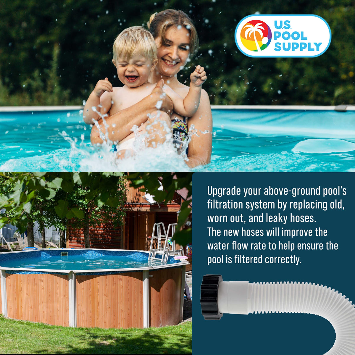 U.S. Pool Supply white hoses suitable for chlorine and sun exposure