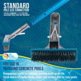 U.S. Pool Supply brush tackles rust stains on concrete pool walls.