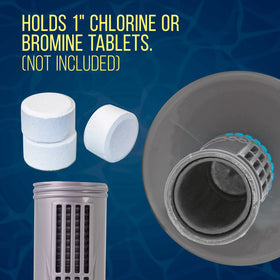 U.S. Pool Supply dispenser pictured under a solar cover for uninterrupted dosing.