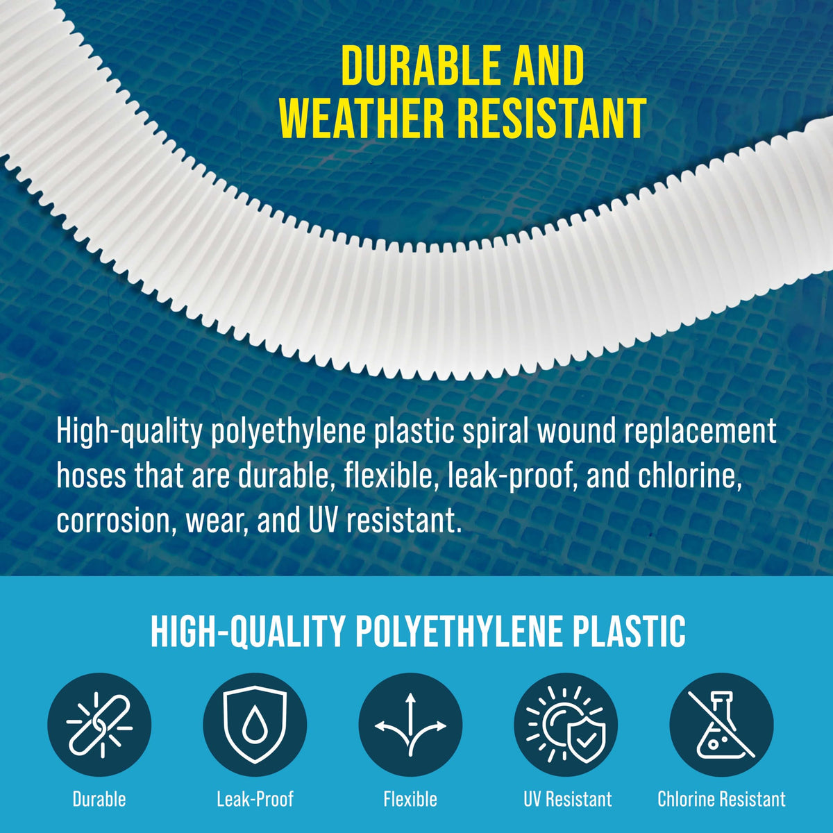 U.S. Pool Supply durable spiral-wound hose resists chlorine and UV exposure