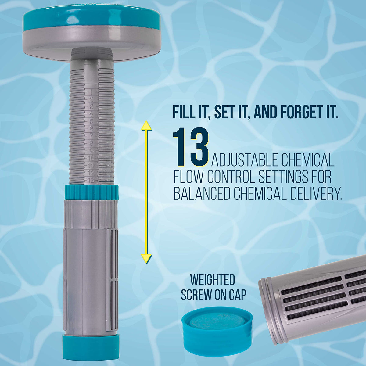 U.S. Pool Supply flat-top weighted bottom cap keeps dispenser stable under covers.