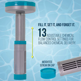 U.S. Pool Supply flat-top weighted bottom cap keeps dispenser stable under covers.