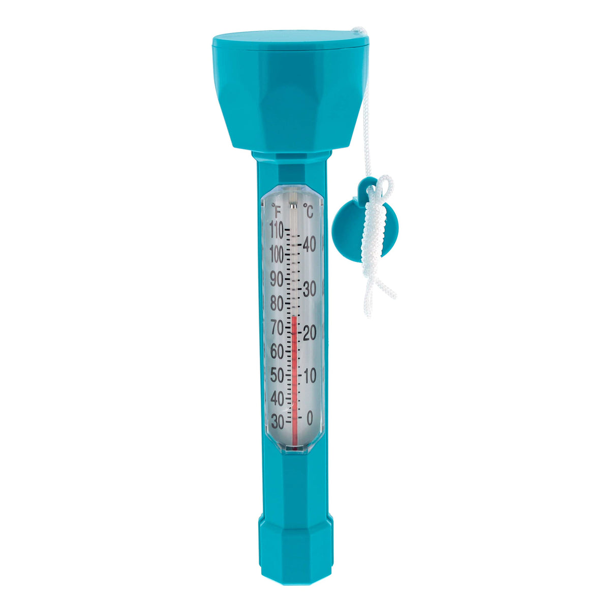 US Pool Supply floating thermometer with teal display for clear water readings.