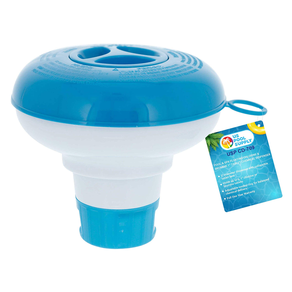 US Pool Supply floating dispenser on water showing 5-inch diameter design for pool chemistry