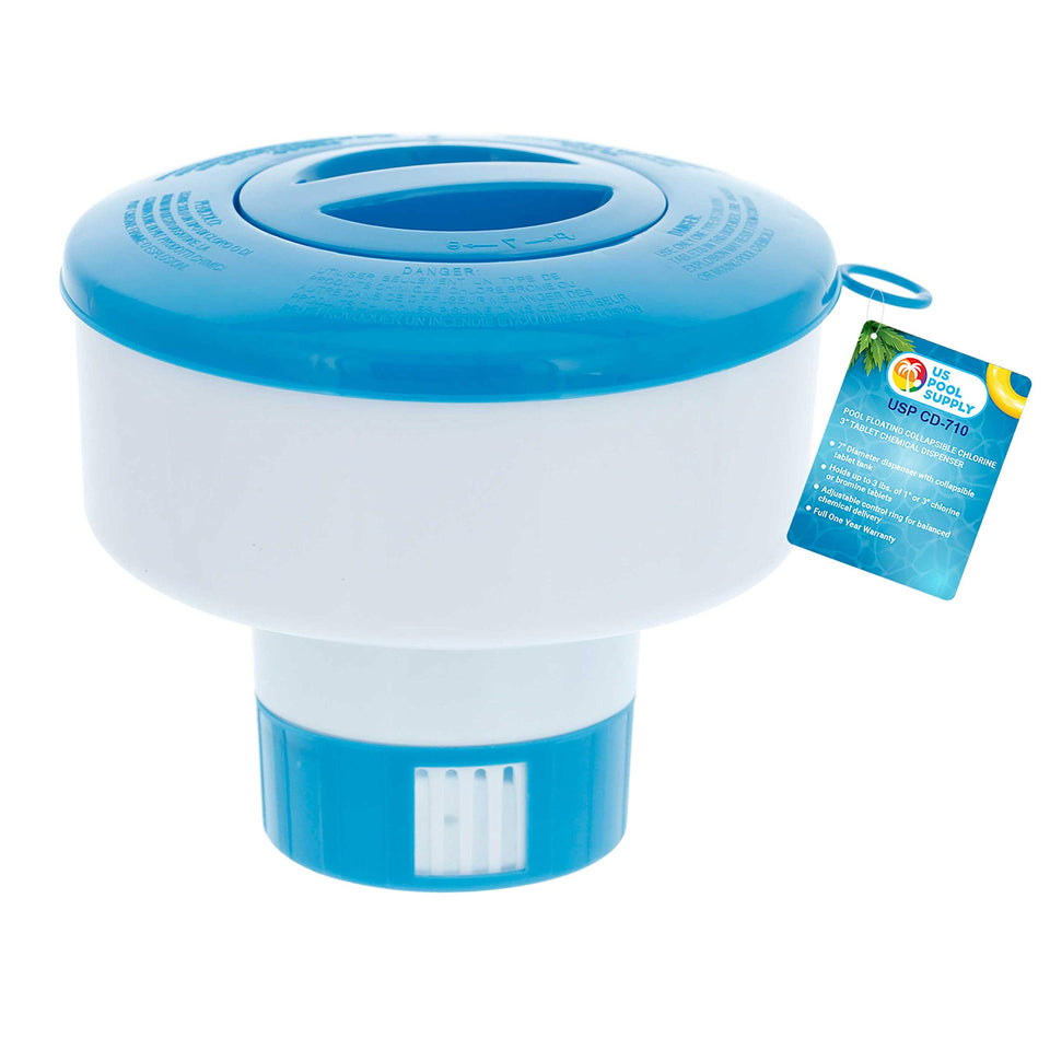 US Pool Supply floating dispenser with collapsible tank for easy chlorine delivery in pools.