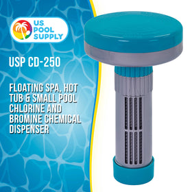 U.S. Pool Supply floating spa dispenser showing 13 flow settings for customizable dosing.
