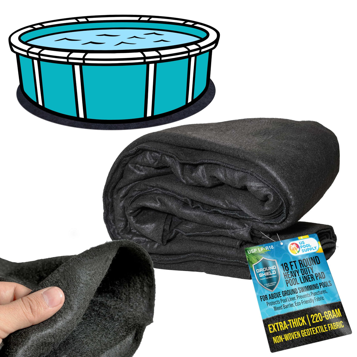 U.S. Pool Supply Ground Shield 18-foot round pad protects liners from punctures.
