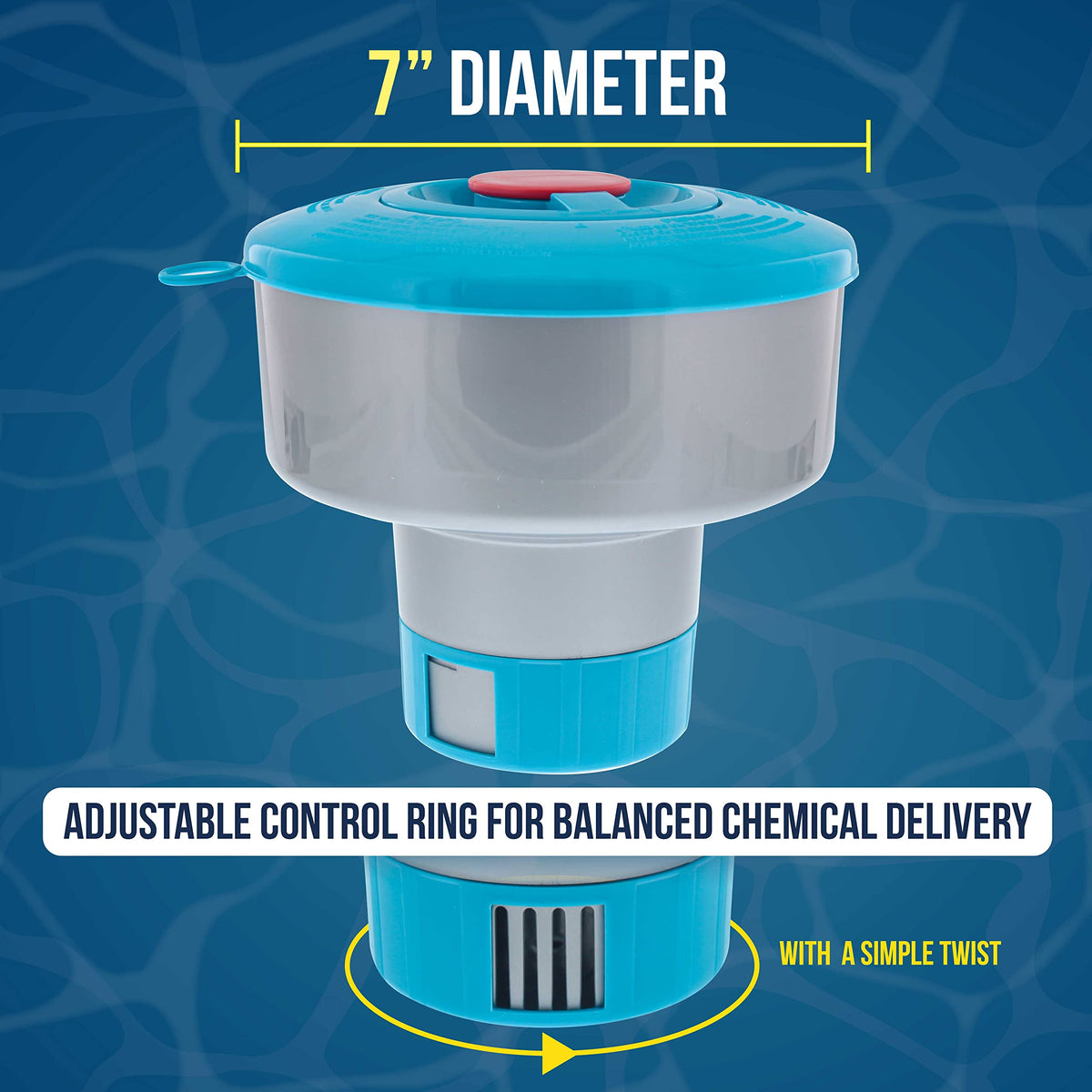 U.S. Pool Supply dispenser holds 1-inch or 3-inch tablets for flexibility.