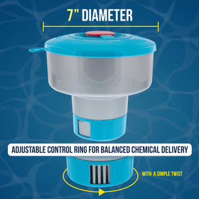 U.S. Pool Supply dispenser holds 1-inch or 3-inch tablets for flexibility.