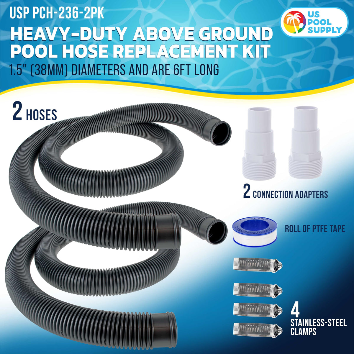 U.S. Pool Supply hose adapters ready to connect pumps and filters.