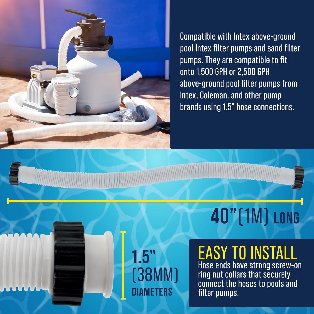 U.S. Pool Supply replacement hose compatible with Intex, supports 1500-2500 GPH pumps