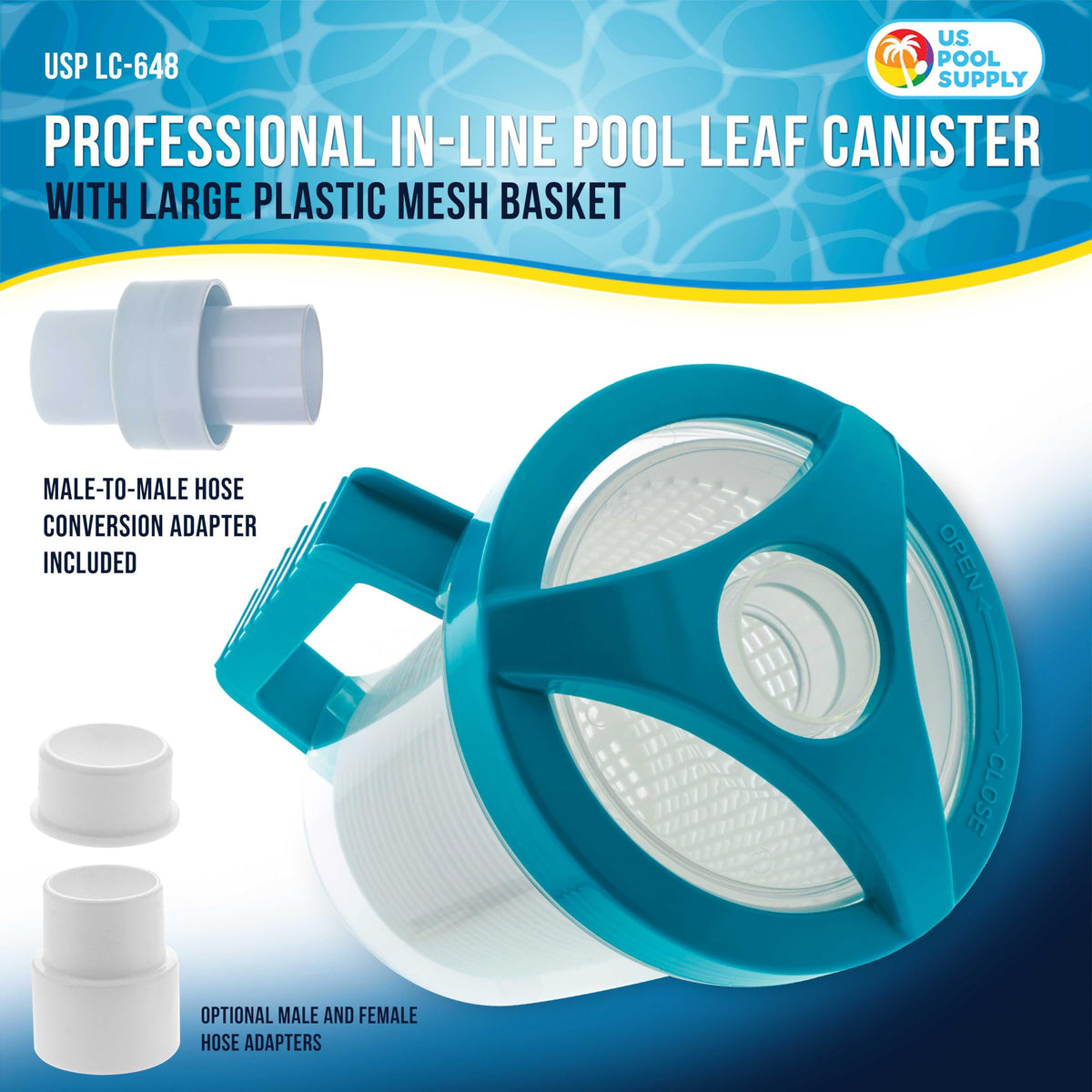 U.S. Pool Supply leaf catcher inline canister clear body shows when to empty.
