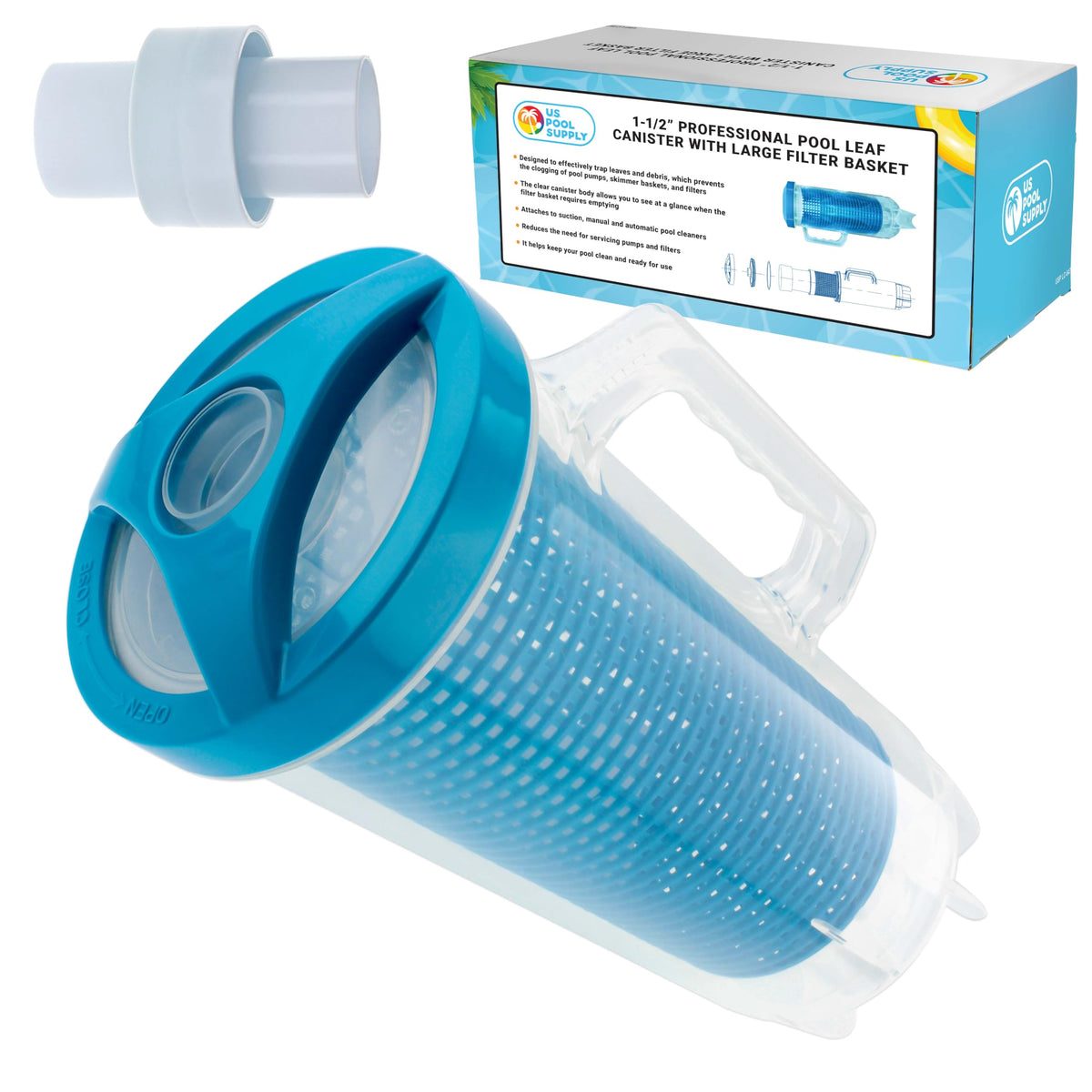 US Pool Supply leaf catcher inline canister traps leaves to protect pool equipment.