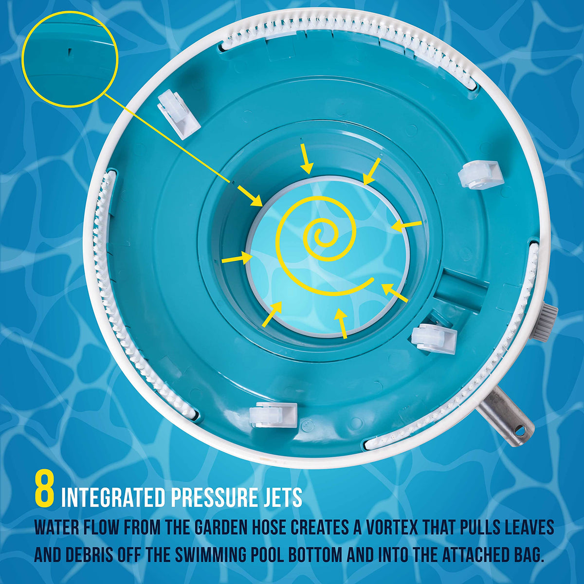 US Pool Supply Vacuum with 3 perimeter brushes to loosen dirt at edges