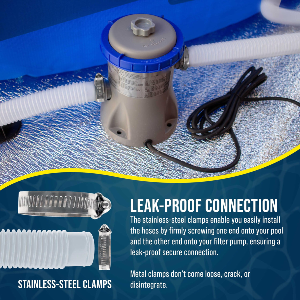 Leak proof connection with U.S. Pool Supply hose and clamps