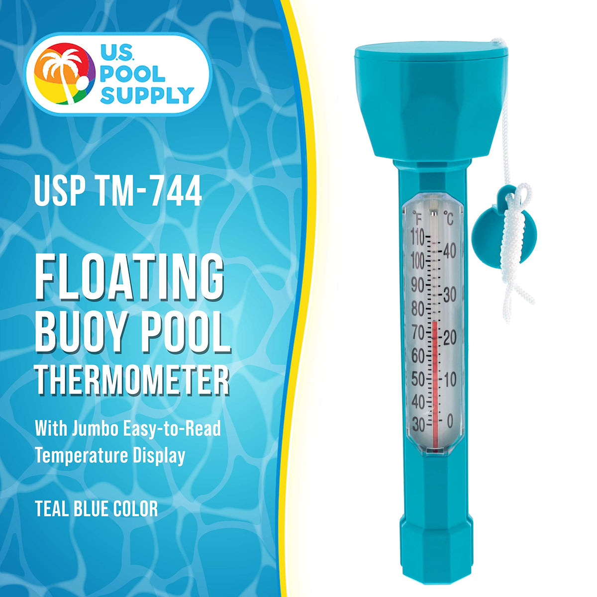 US Pool Supply oversized thermometer reading aids quick checks from afar.