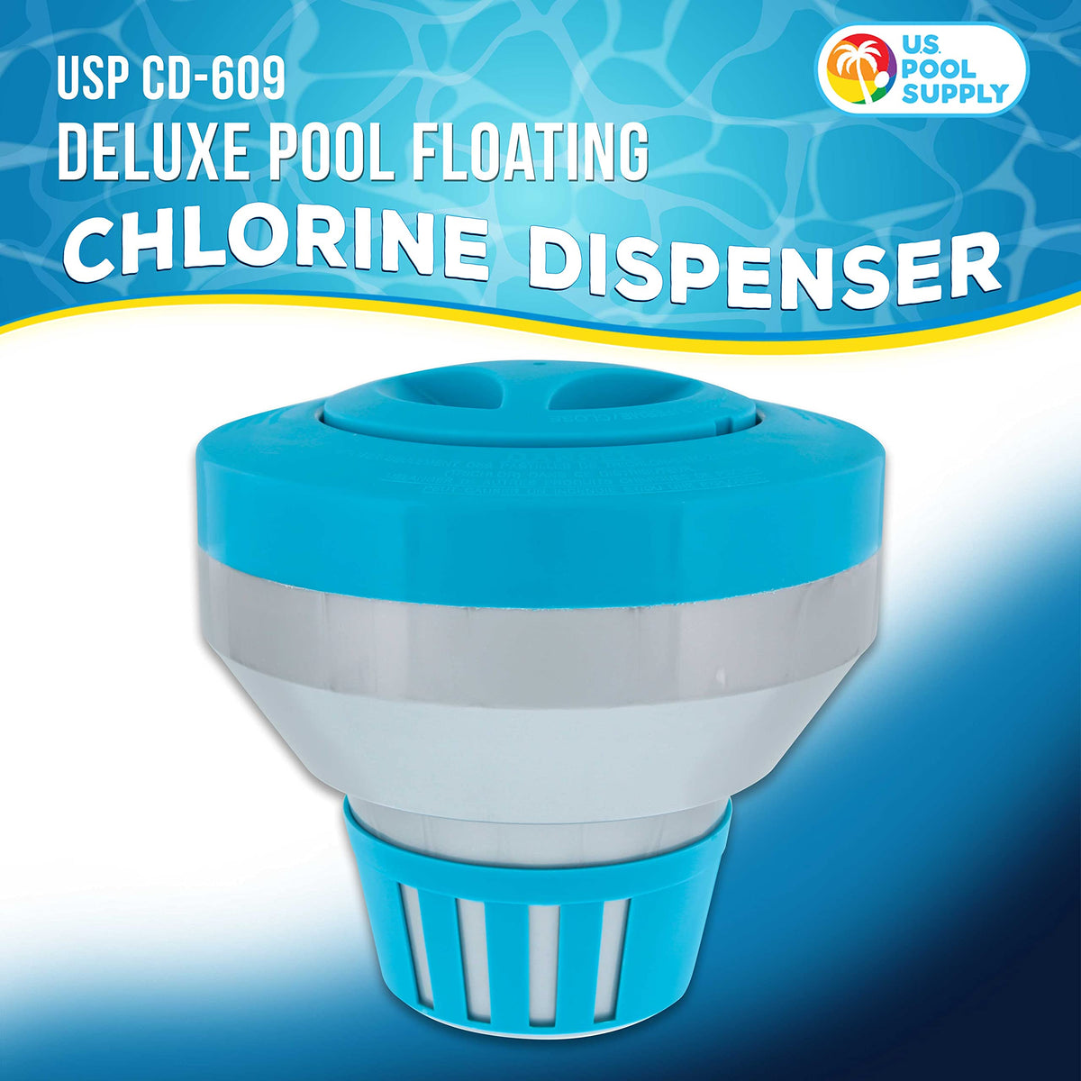 US Pool Supply floater with locking cap keeps tablets secure during use