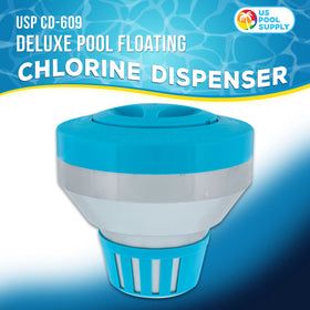 US Pool Supply floater with locking cap keeps tablets secure during use