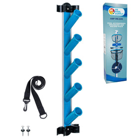 U.S. Pool Supply pool equipment storage rack mounted on a fence keeps tools neatly organized.