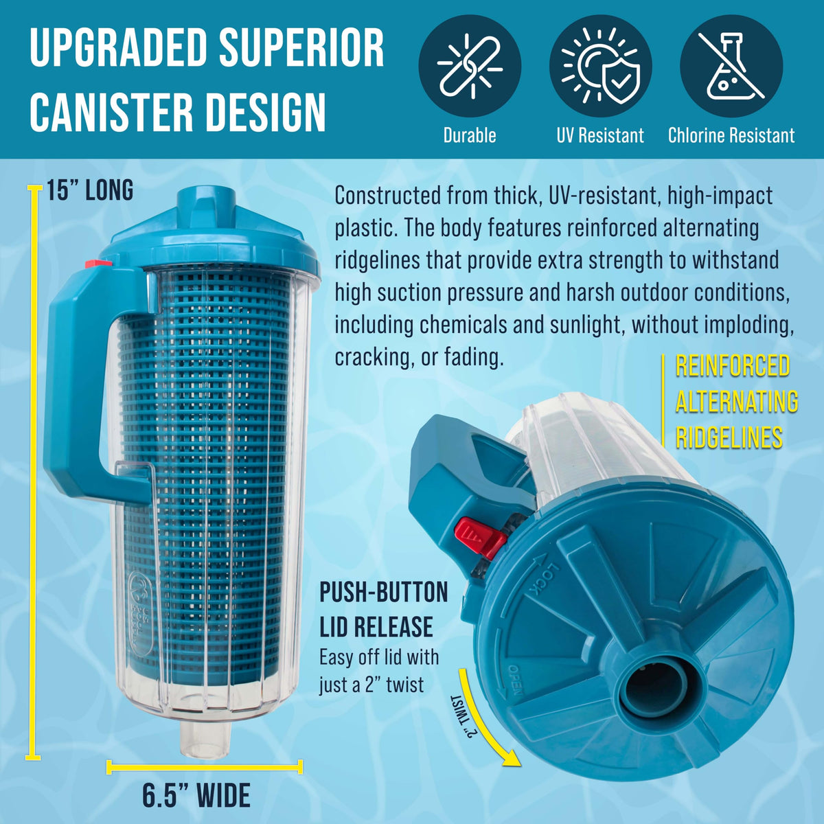 U.S. Pool Supply Pool Leaf Canister XL hose connection with swivel prevents kinks.