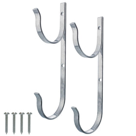 US Pool Supply pool pole hanger mounted on fence keeps poles organized for quick access.